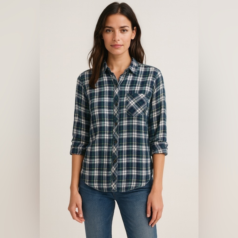 Rails Hunter Plaid Button Front Shirt Blue Green Soft Rayon Size XS